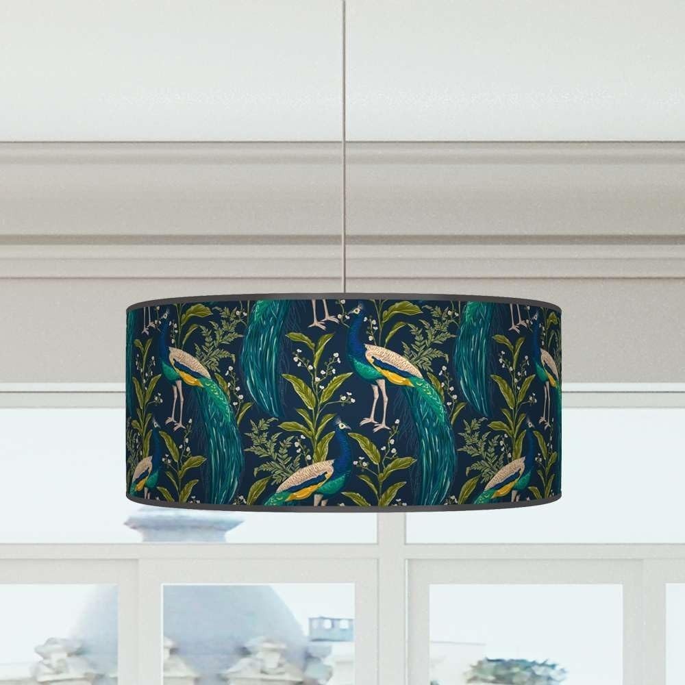 Peacock Drum Lampshade 20in Teal Blue Ceiling Floor Table Pendant Light - Kwikley