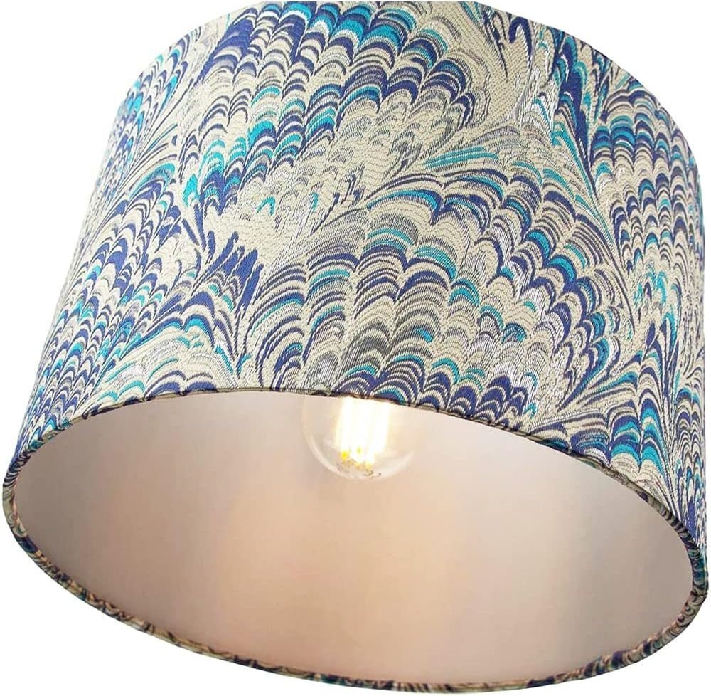 Peacock Print Drum Lampshade 35cm Teal Blue Silver Table Pendant Shade - Kwikley