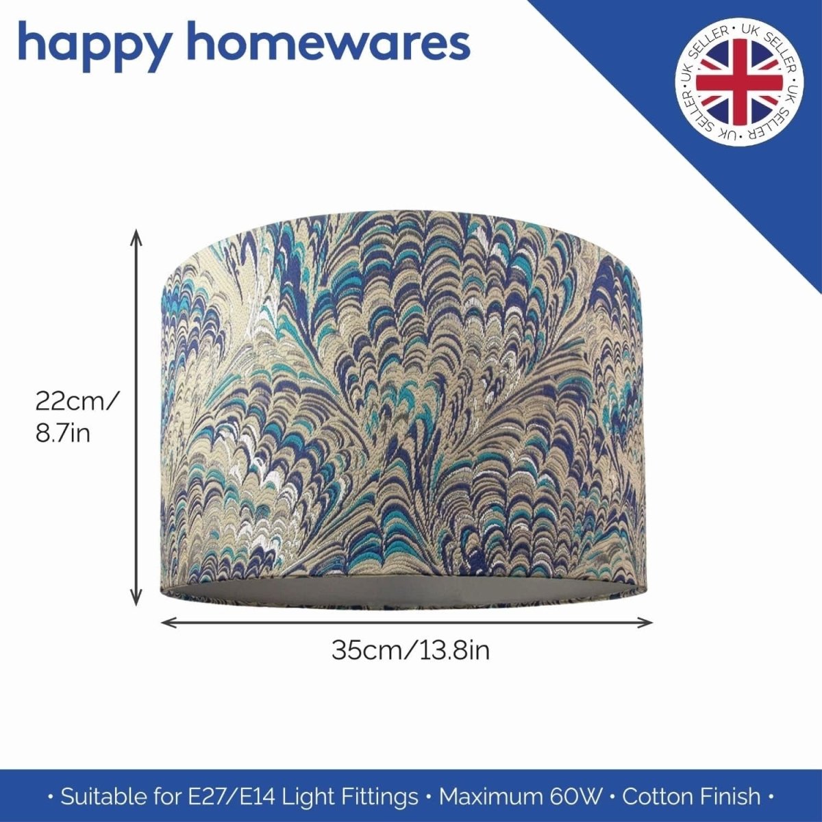 Peacock Print Drum Lampshade 35cm Teal Blue Silver Table Pendant Shade - Kwikley