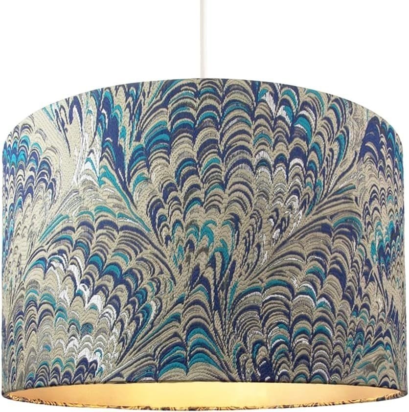 Peacock Print Drum Lampshade 35cm Teal Blue Silver Table Pendant Shade - Kwikley