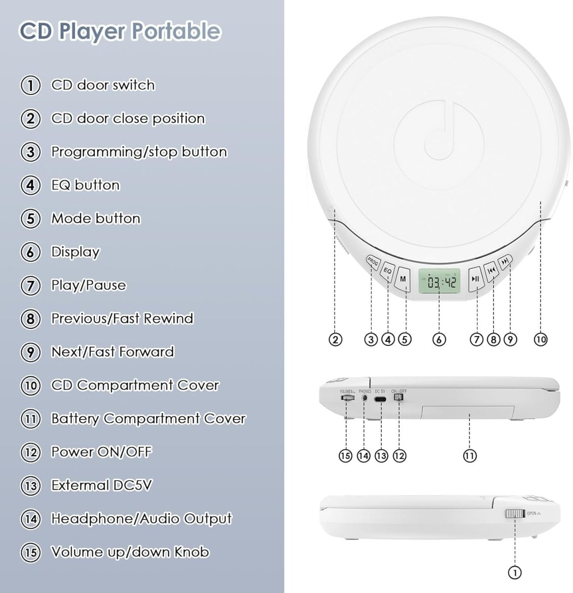 Personal CD Player Portable Anti - Skip LCD Display AUX Car Use Earphones - Kwikley