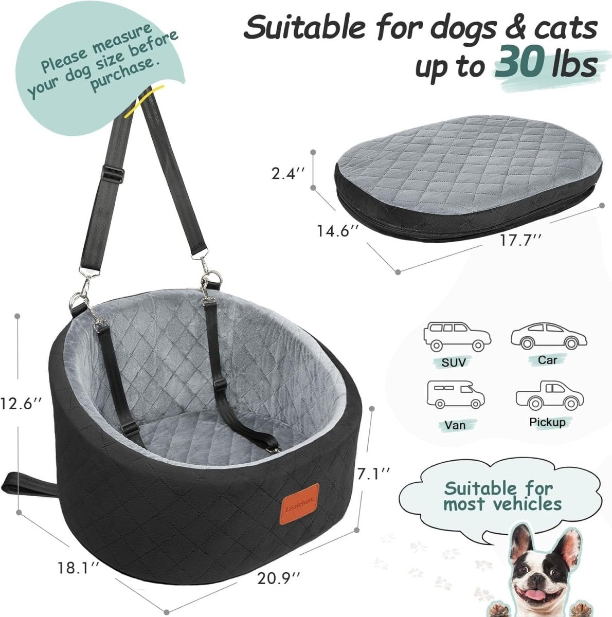 Pet Travel Car Seat Memory Foam Dog Booster Bed w 2 Safety Leashes - Kwikley