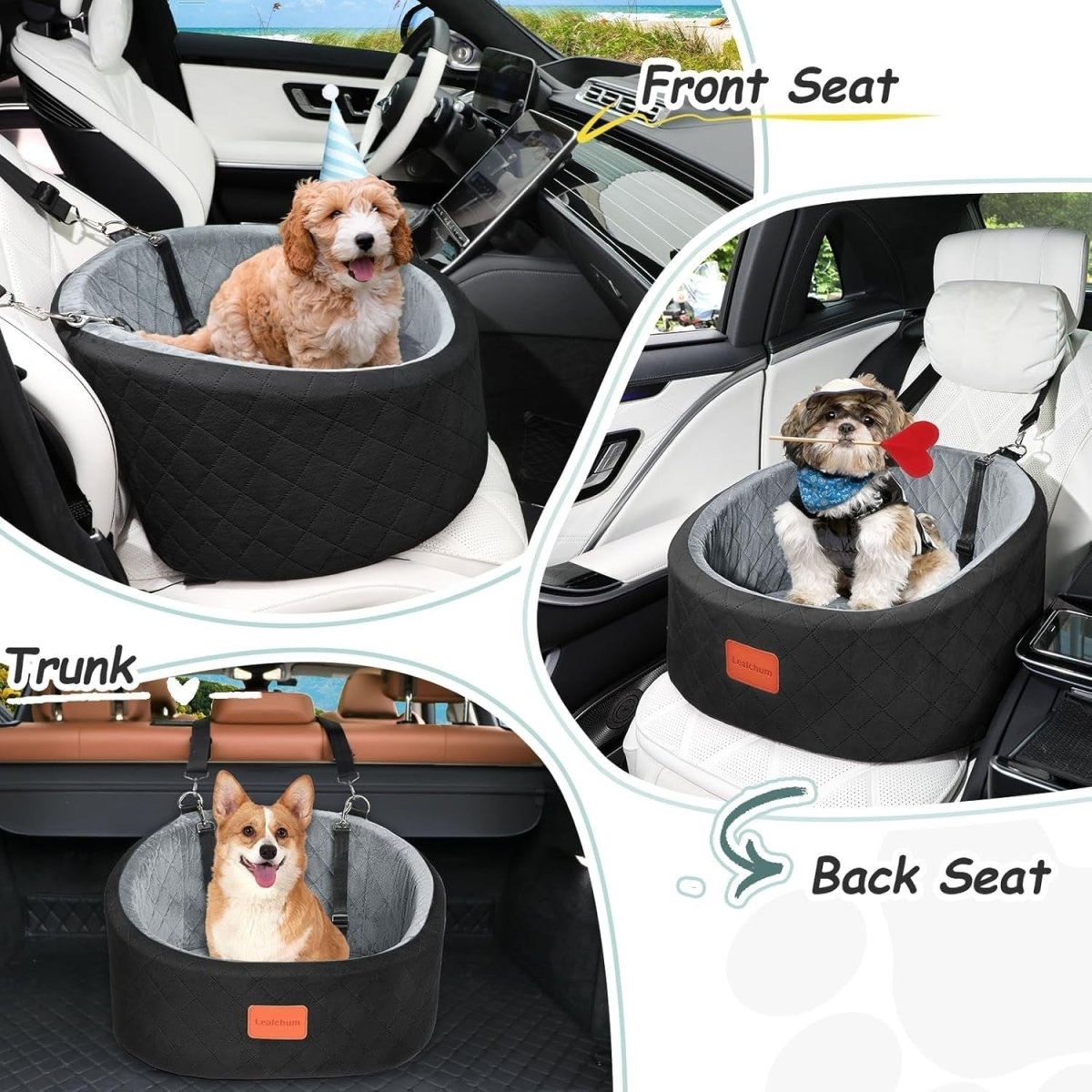 Pet Travel Car Seat Memory Foam Dog Booster Bed w 2 Safety Leashes - Kwikley