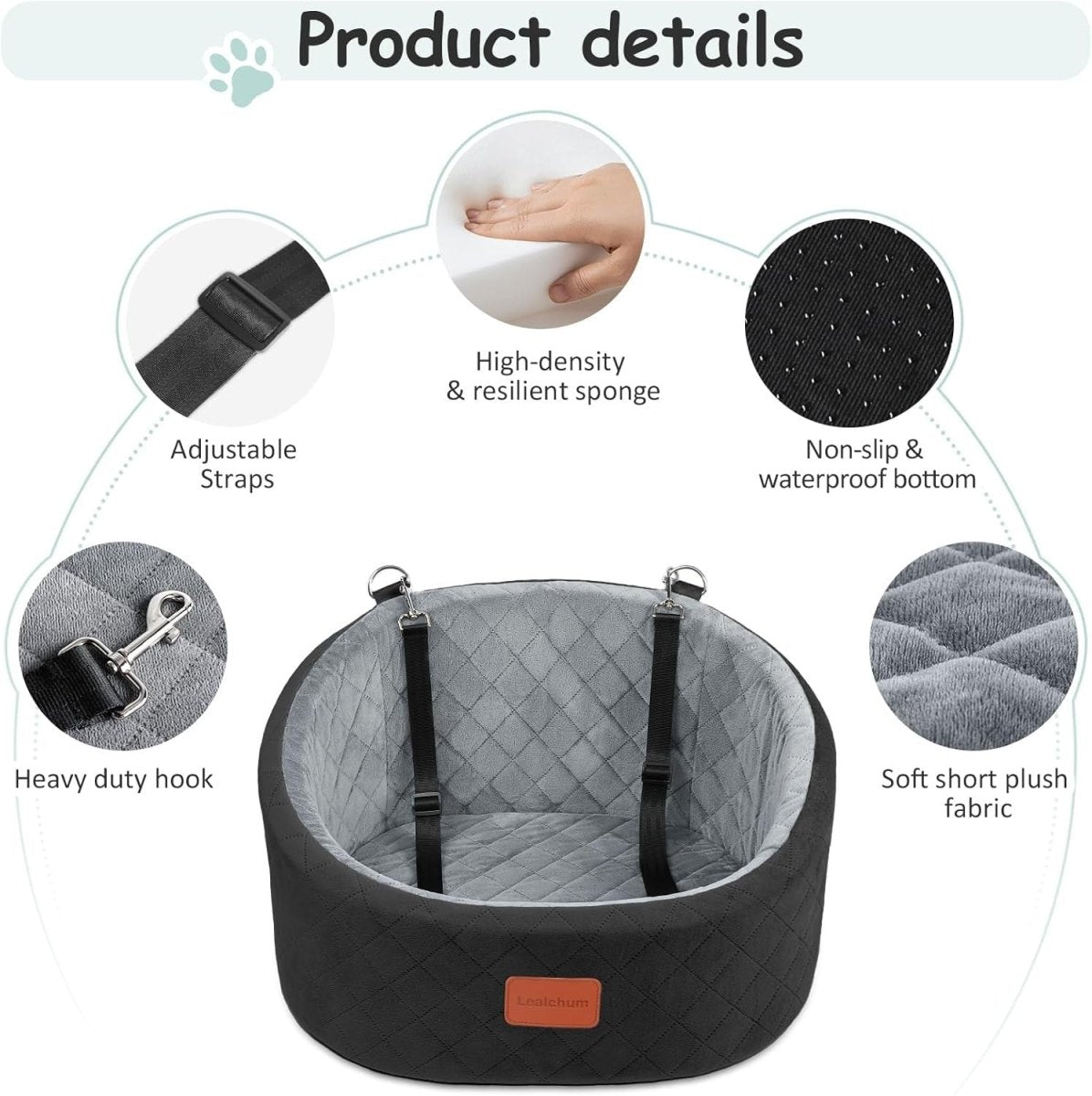 Pet Travel Car Seat Memory Foam Dog Booster Bed w 2 Safety Leashes - Kwikley