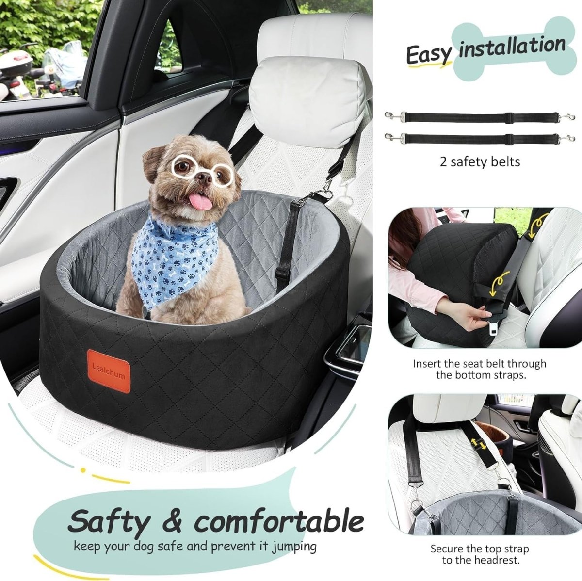 Pet Travel Car Seat Memory Foam Dog Booster Bed w 2 Safety Leashes - Kwikley