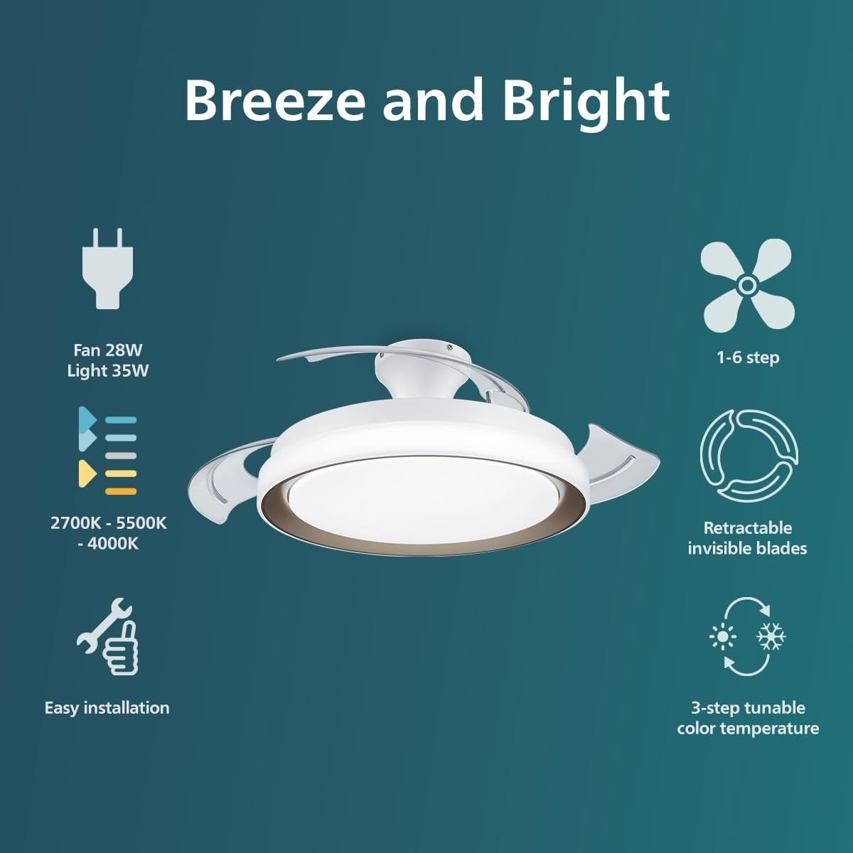 Philips LED Bliss Ceiling Fan, 3 Color Temps, 28W Light, 35W Fan, Remote - Kwikley