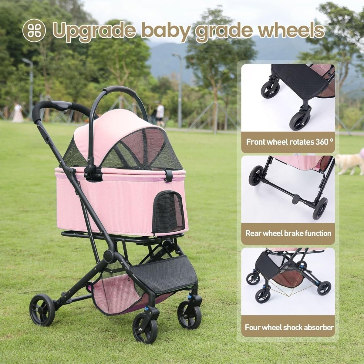 Pink 2in1 Pet Stroller Foldable Dog Cat Cart Removable Basket 4 Wheel - Kwikley