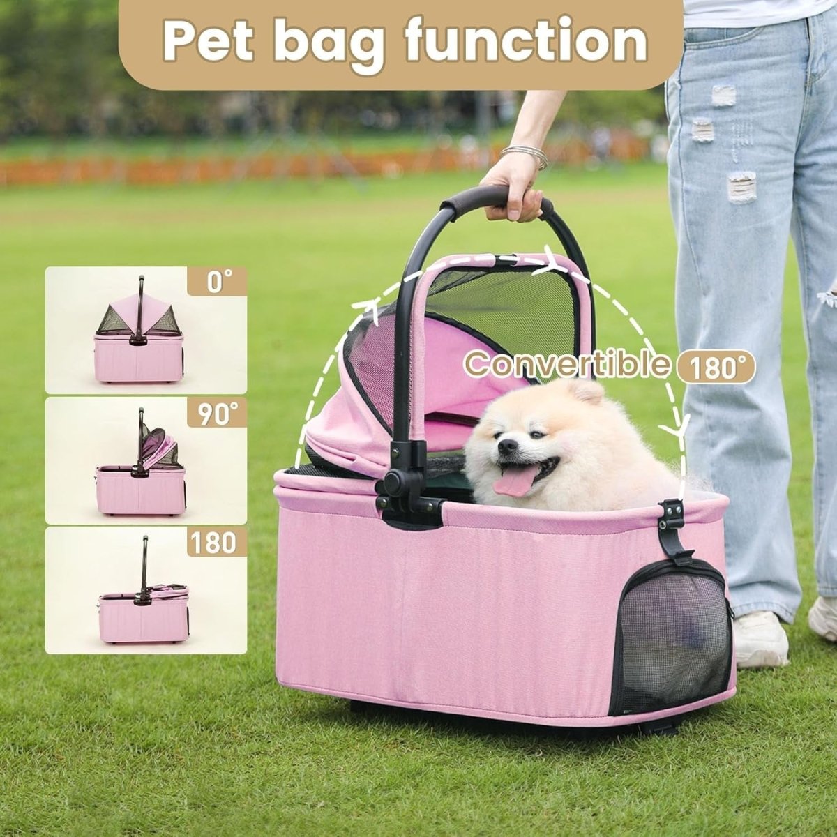Pink 2in1 Pet Stroller Foldable Dog Cat Cart Removable Basket 4 Wheel - Kwikley