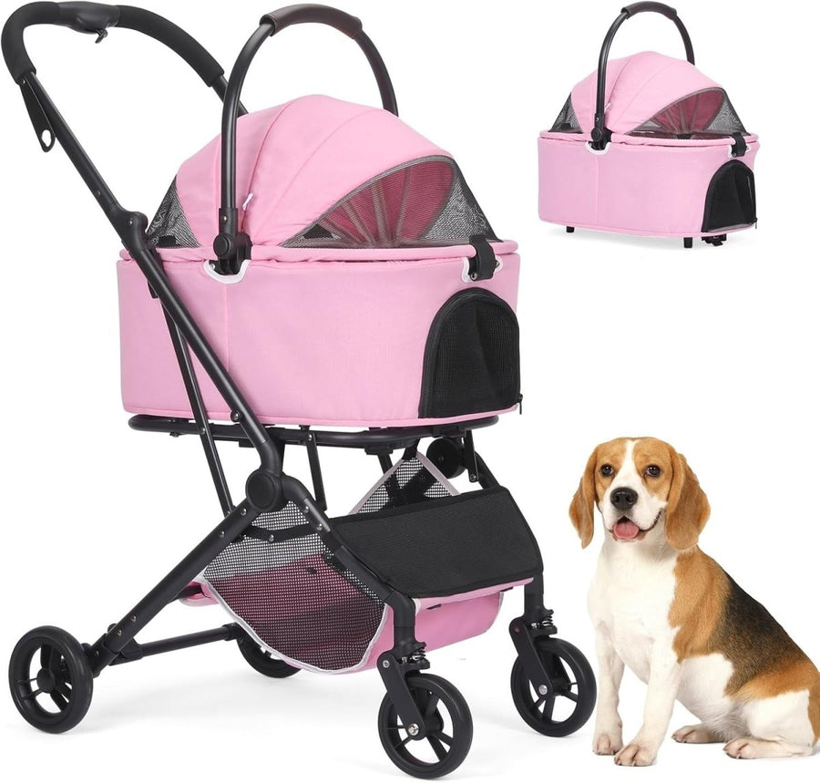 Pink 2in1 Pet Stroller Foldable Dog Cat Cart Removable Basket 4 Wheel - Kwikley
