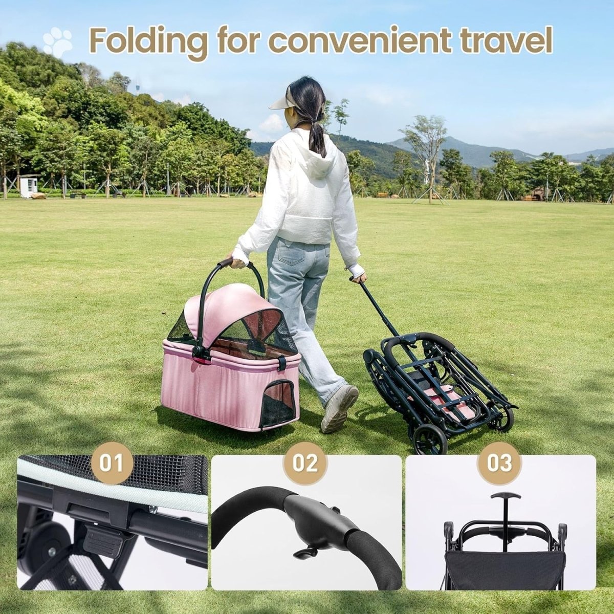 Pink 2in1 Pet Stroller Foldable Dog Cat Cart Removable Basket 4 Wheel - Kwikley
