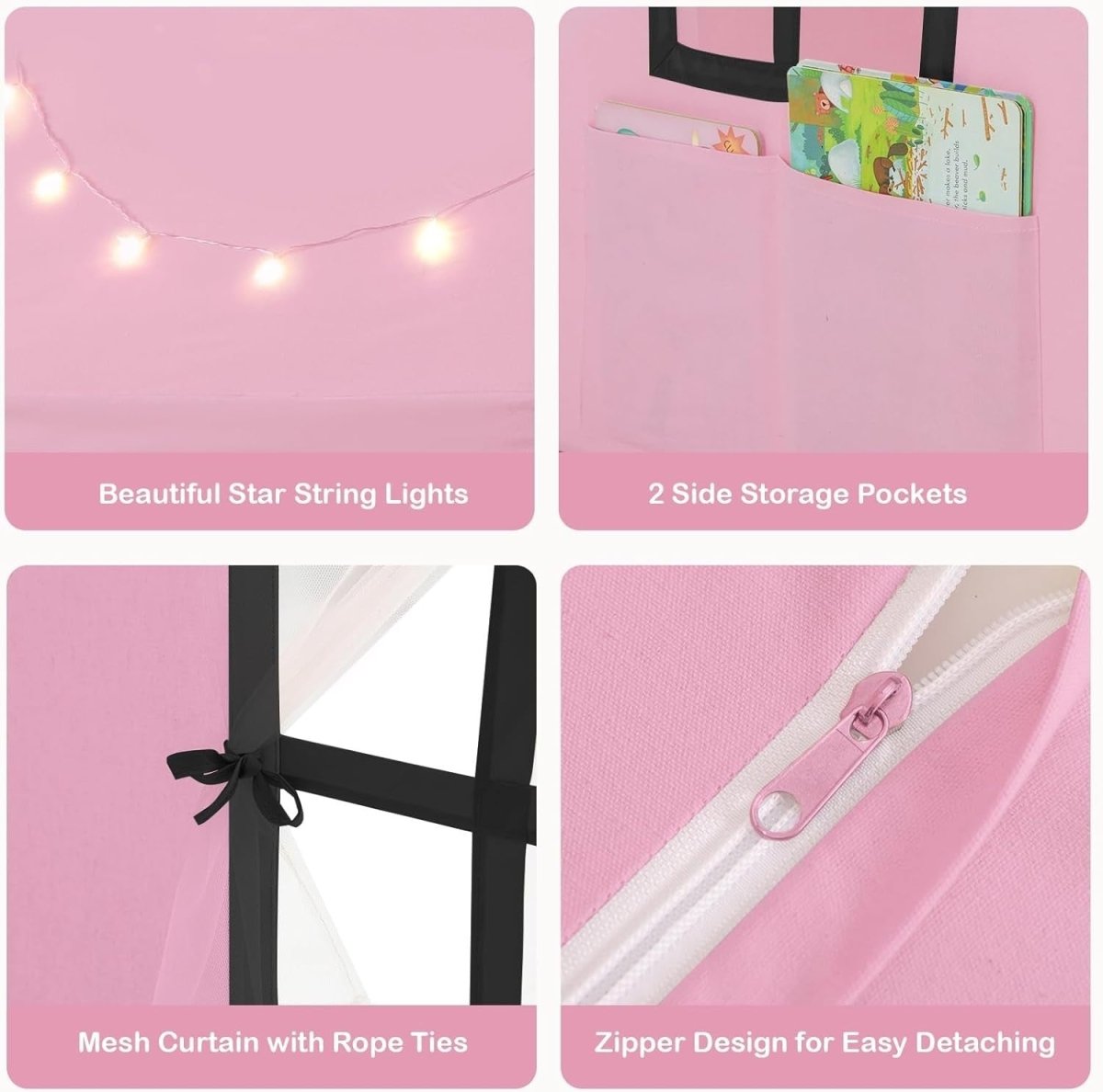 Pink Black Kids Castle Play Tent Large Indoor House with Star Lights - Kwikley