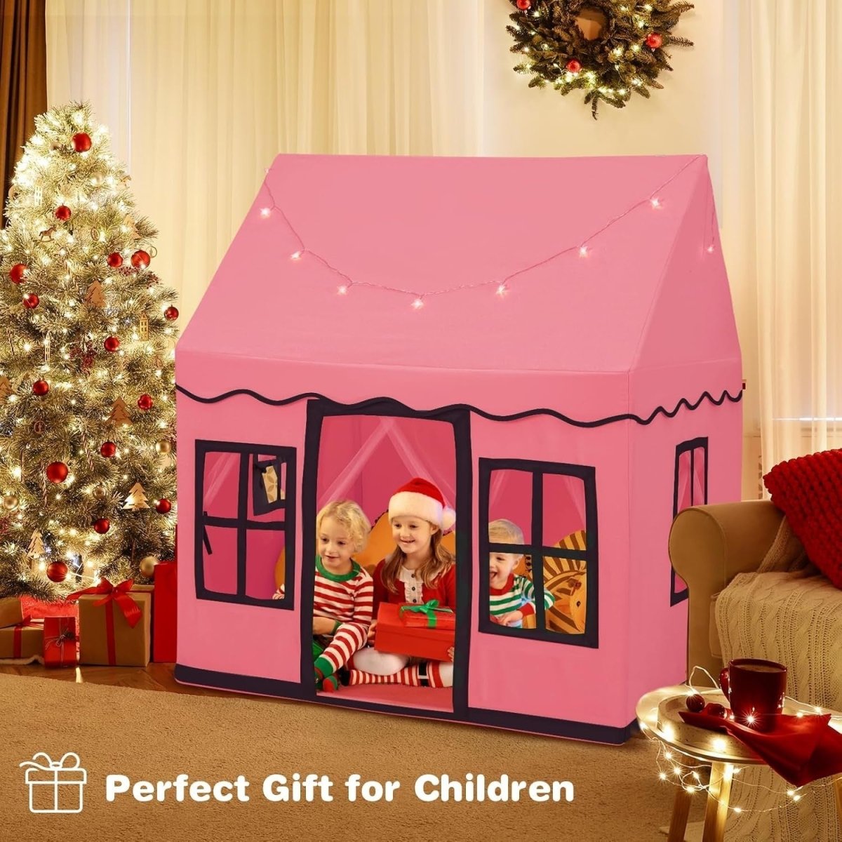 Pink Black Kids Castle Play Tent Large Indoor House with Star Lights - Kwikley