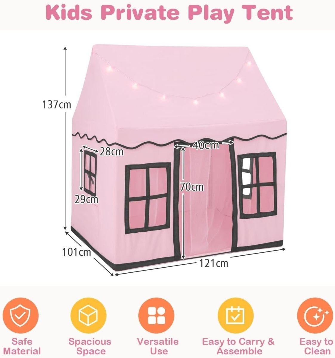 Pink Black Kids Castle Play Tent Large Indoor House with Star Lights - Kwikley