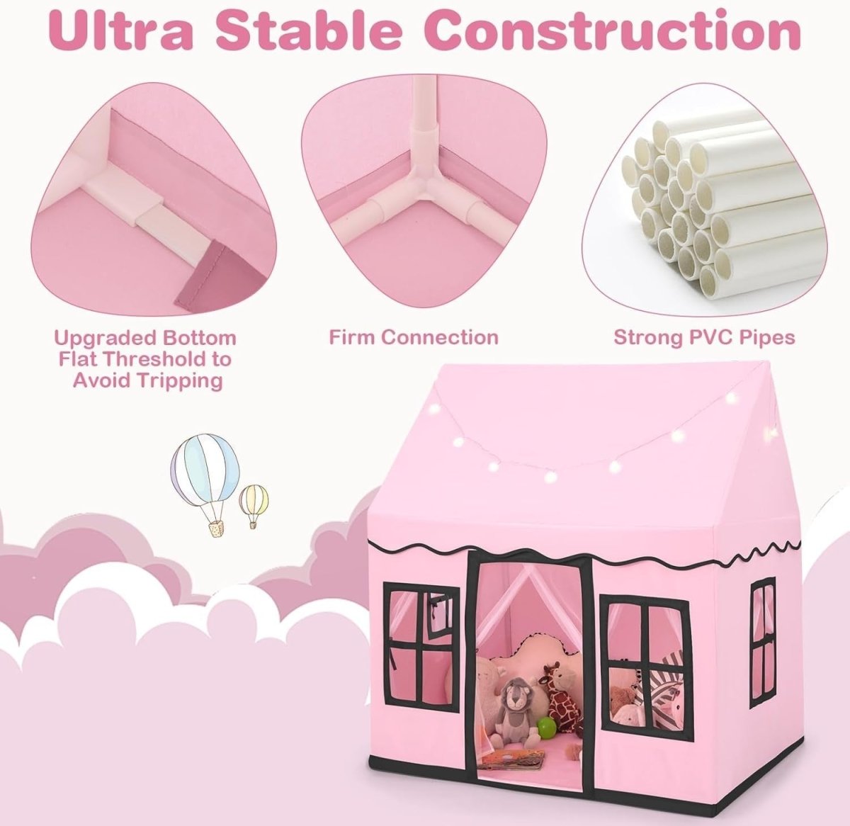 Pink Black Kids Castle Play Tent Large Indoor House with Star Lights - Kwikley