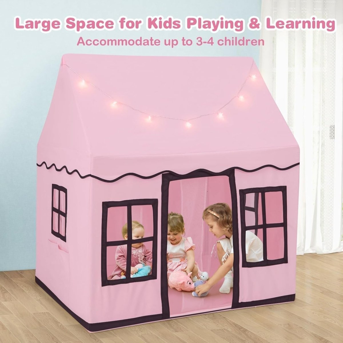 Pink Black Kids Castle Play Tent Large Indoor House with Star Lights - Kwikley