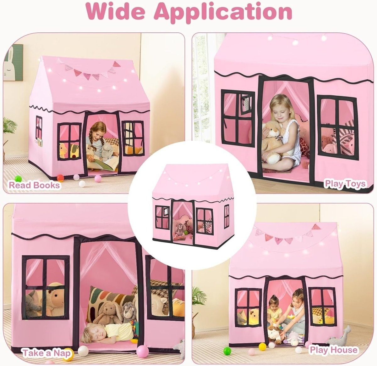 Pink Black Kids Castle Play Tent Large Indoor House with Star Lights - Kwikley