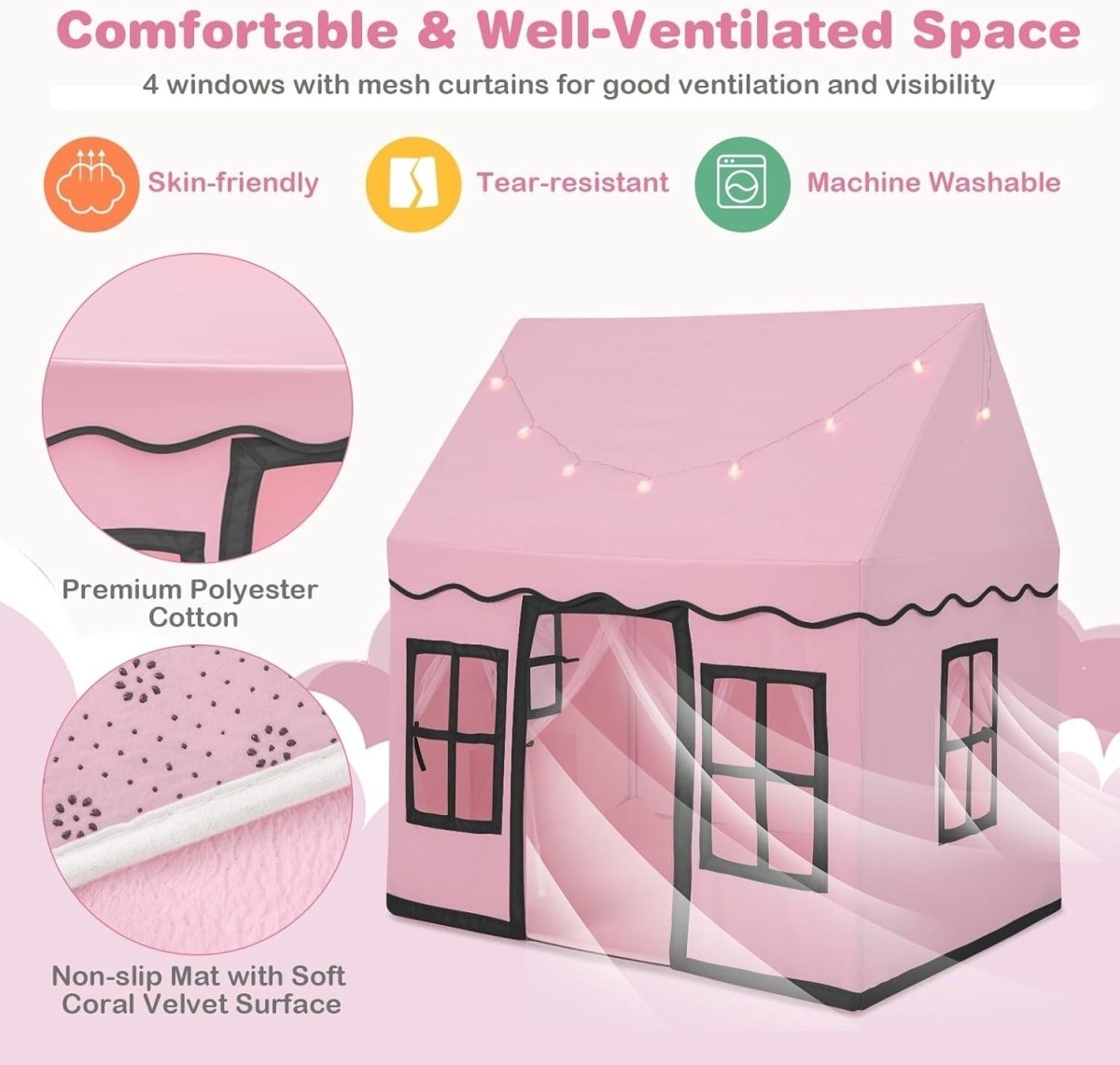 Pink Black Kids Castle Play Tent Large Indoor House with Star Lights - Kwikley