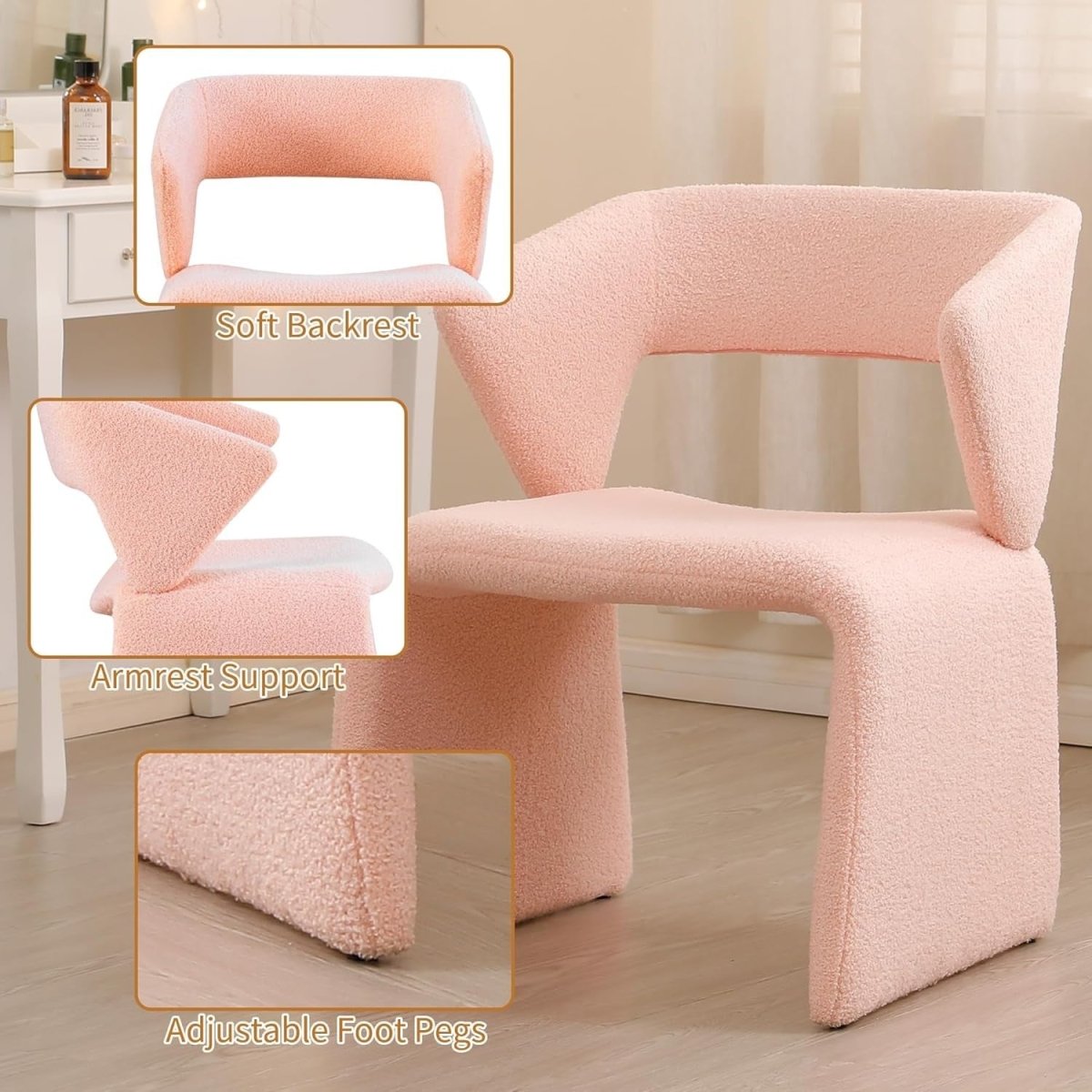 Pink Boucle Accent Chair Modern Vanity Bedroom Living Room Seat - Kwikley