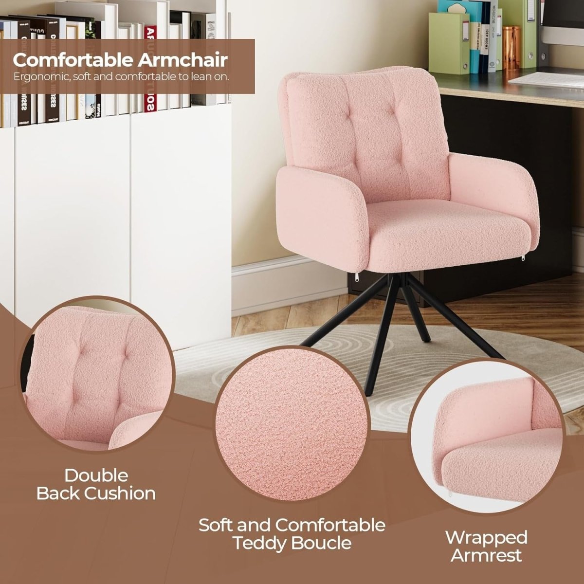 Pink Boucle Swivel Accent Chair Tub Vanity Desk Armchair - Kwikley