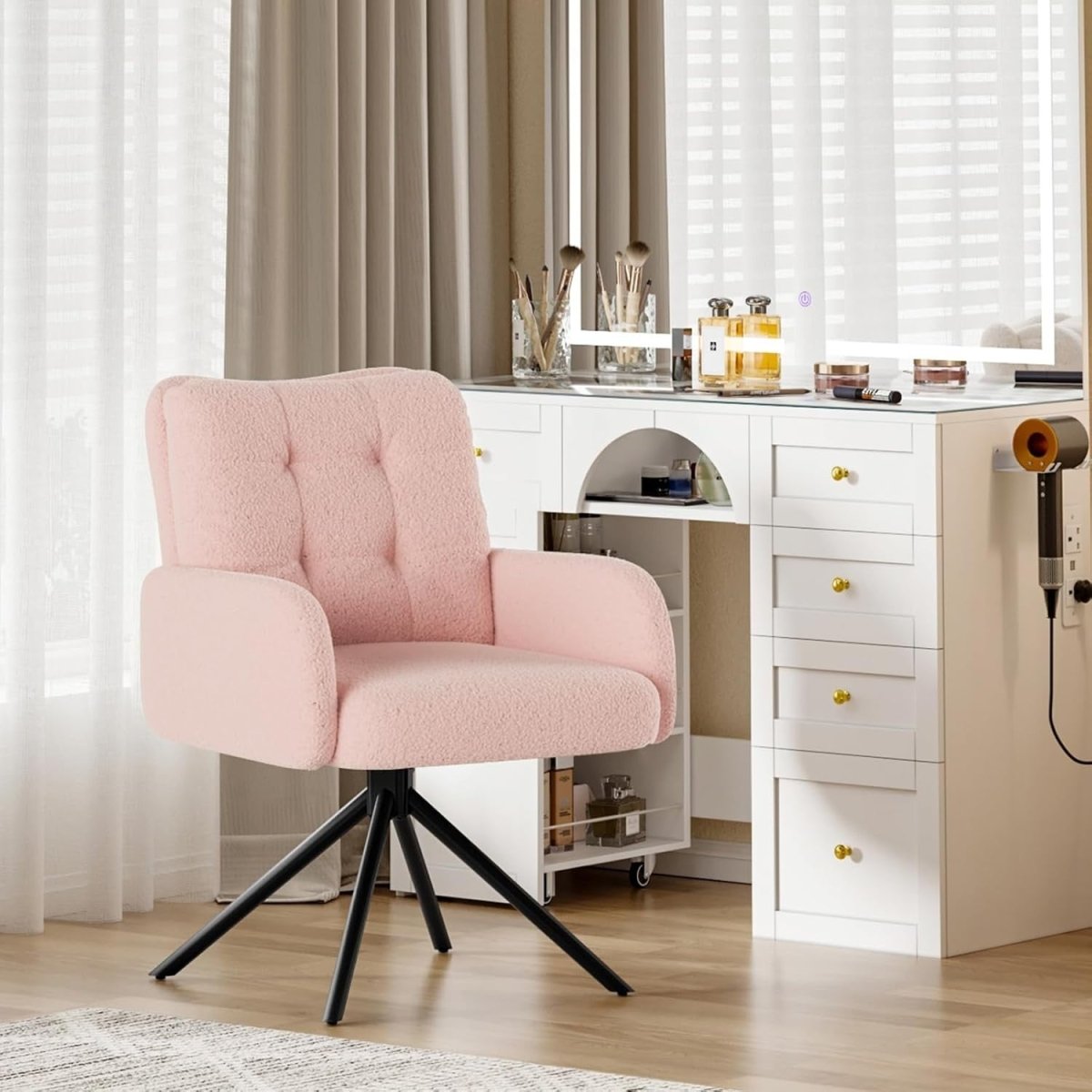 Pink Boucle Swivel Accent Chair Tub Vanity Desk Armchair - Kwikley