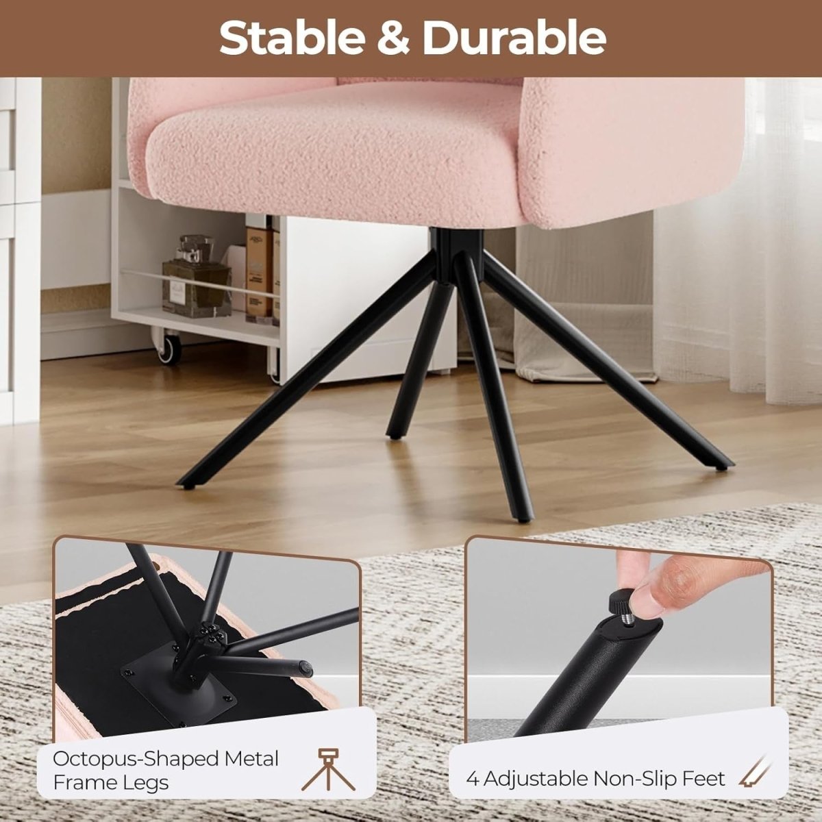 Pink Boucle Swivel Accent Chair Tub Vanity Desk Armchair - Kwikley