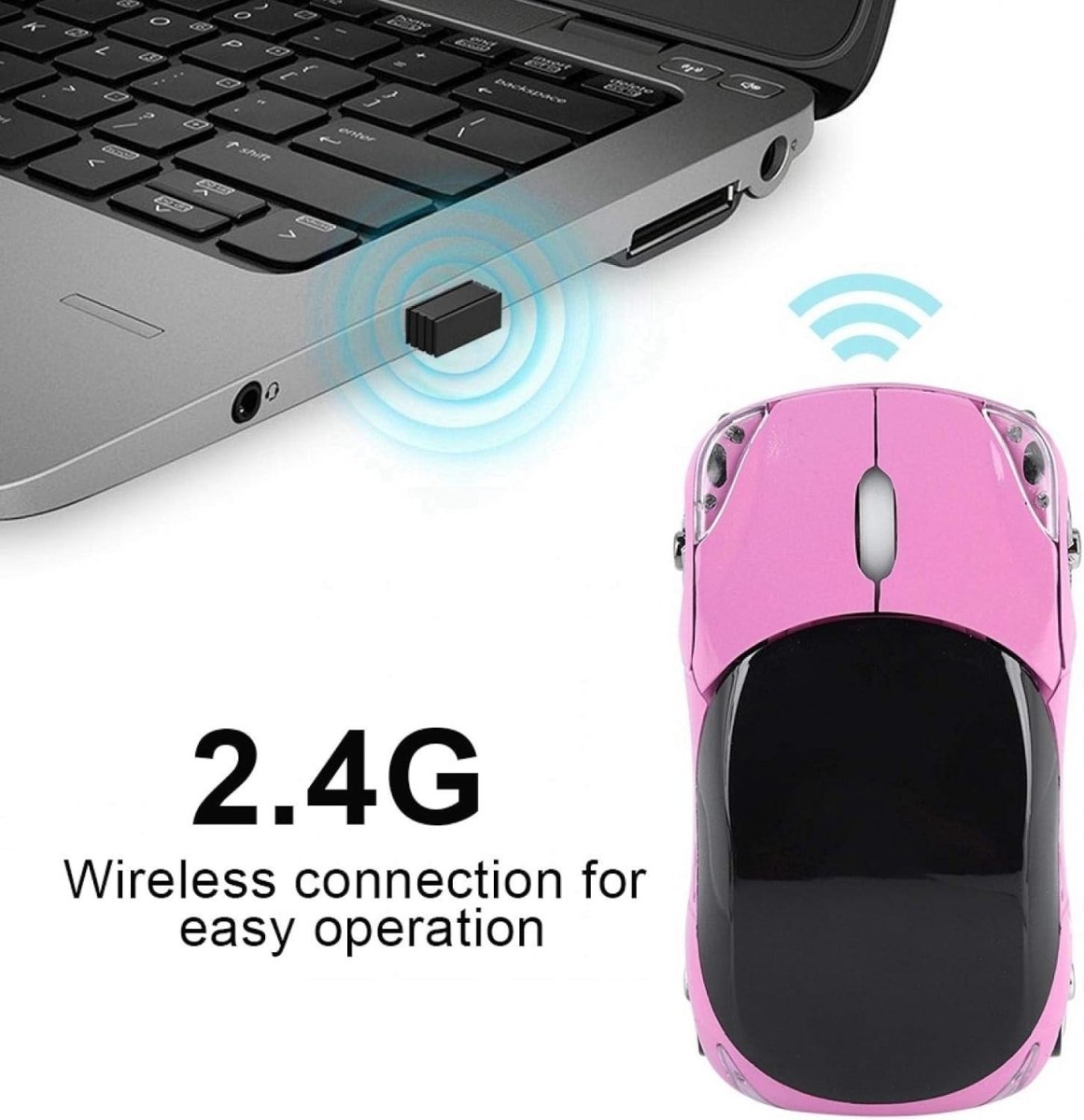 Pink Car Shaped Wireless Mouse 1600DPI LED Optical USB Laptop PC - Kwikley