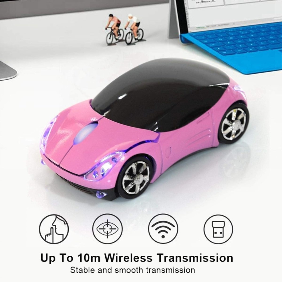 Pink Car Shaped Wireless Mouse 1600DPI LED Optical USB Laptop PC - Kwikley