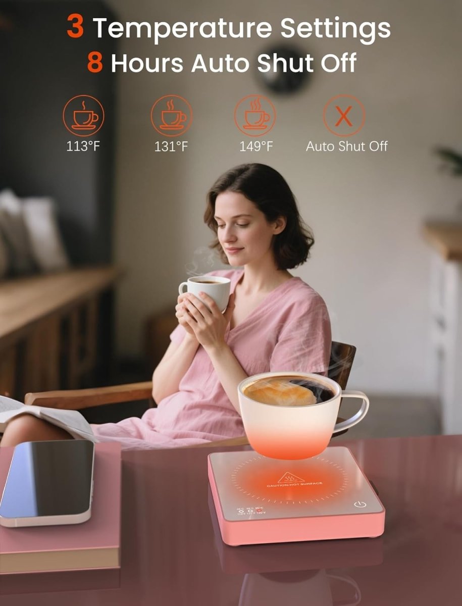 Pink Coffee Mug Warmer 15W Wireless Charger 3 Temp 8H Auto Off - Kwikley