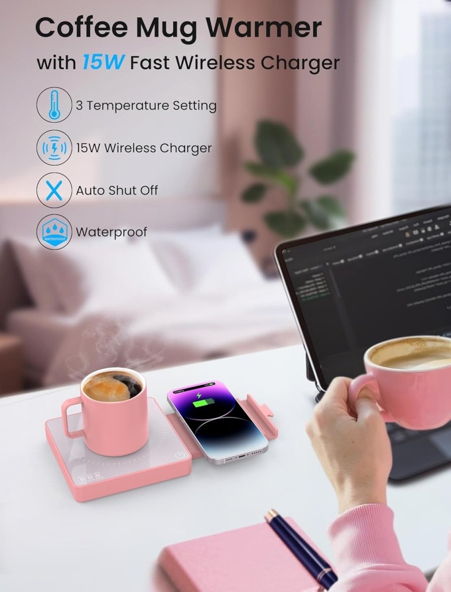 Pink Coffee Mug Warmer 15W Wireless Charger 3 Temp 8H Auto Off - Kwikley