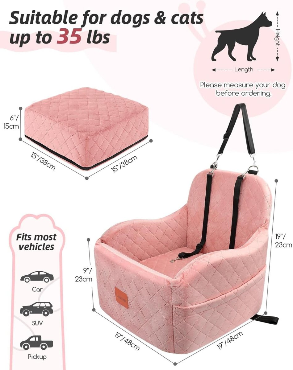 Pink Dog Booster Car Seat Elevated Pet Travel Bed Washable 35lb - Kwikley
