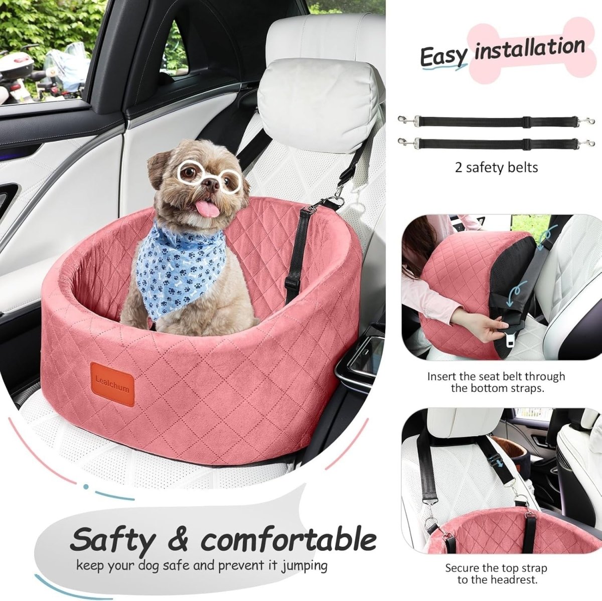 Pink Dog Car Seat Bed Memory Foam Booster Travel Carrier w 2 Leashes - Kwikley