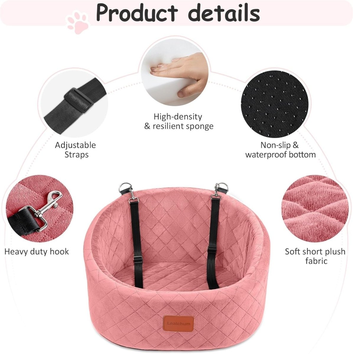 Pink Dog Car Seat Bed Memory Foam Booster Travel Carrier w 2 Leashes - Kwikley
