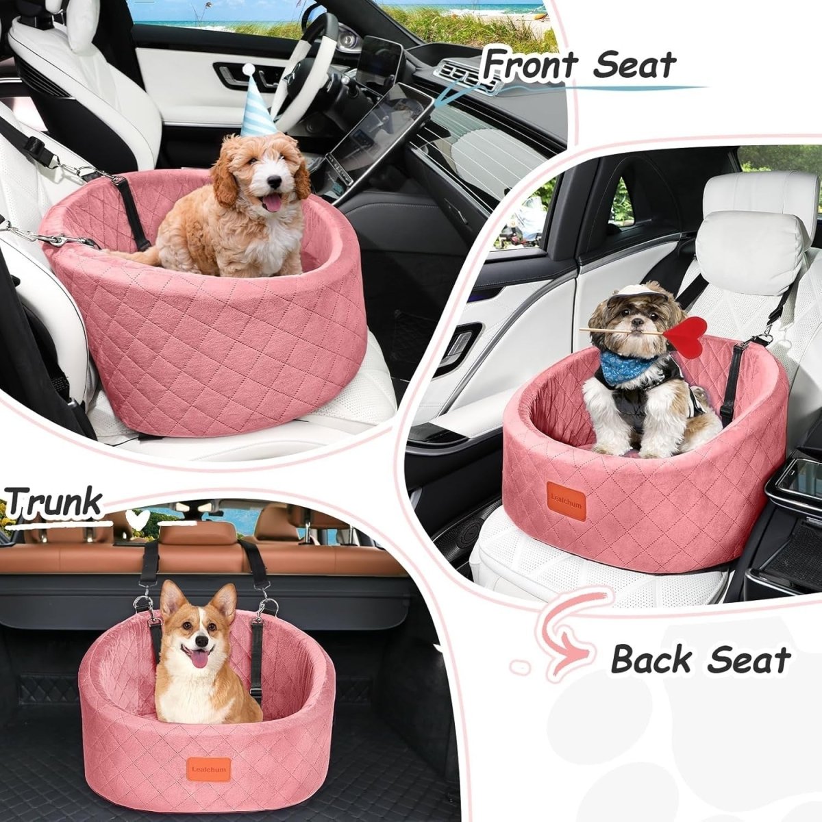 Pink Dog Car Seat Bed Memory Foam Booster Travel Carrier w 2 Leashes - Kwikley