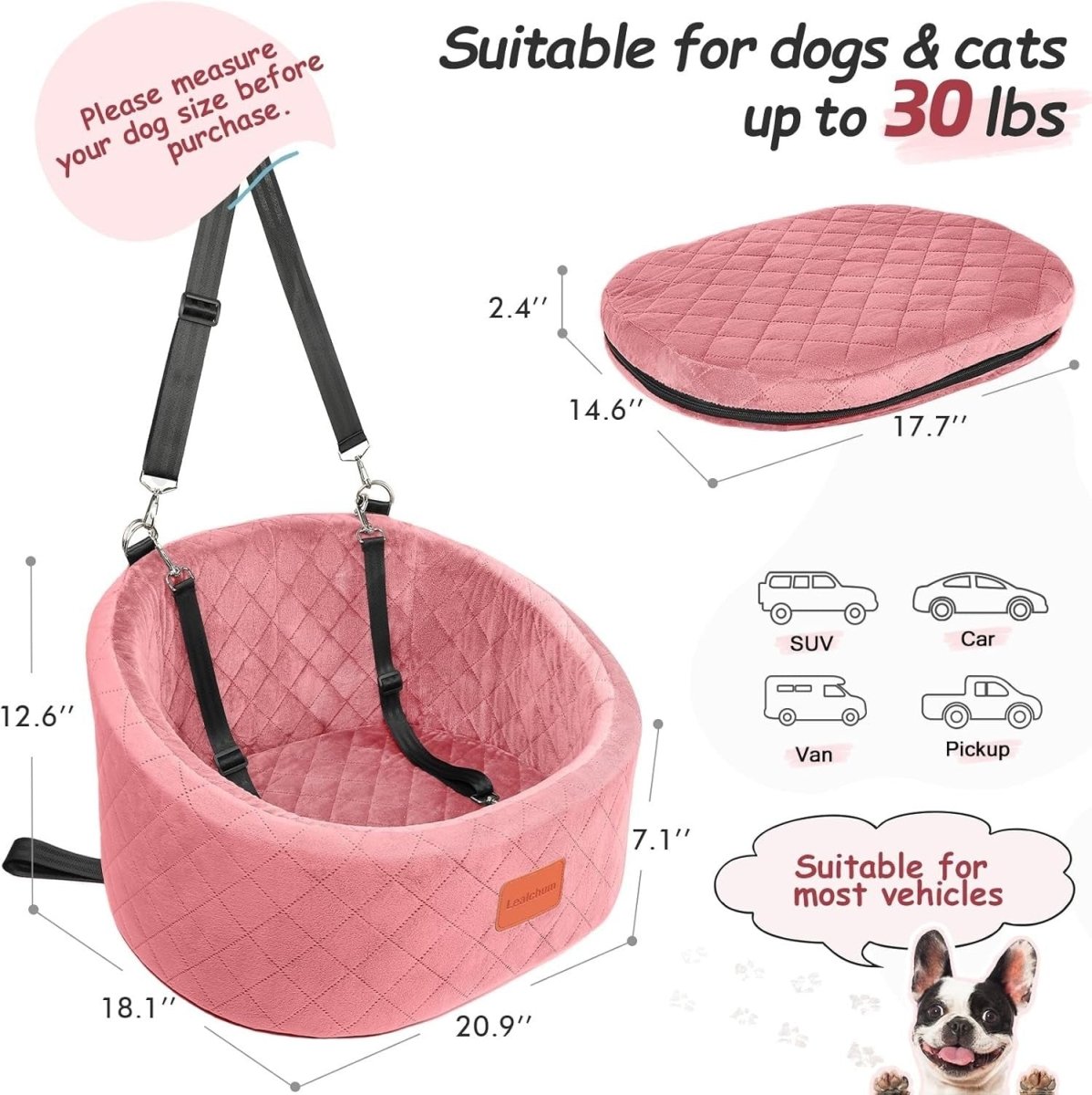 Pink Dog Car Seat Bed Memory Foam Booster Travel Carrier w 2 Leashes - Kwikley