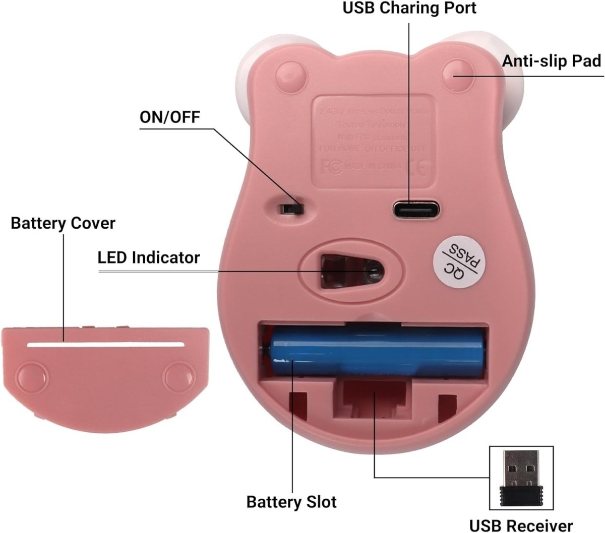 Pink Frog Wireless Mouse Bluetooth 5.1 Silent 1200DPI 2.4G USB - Kwikley