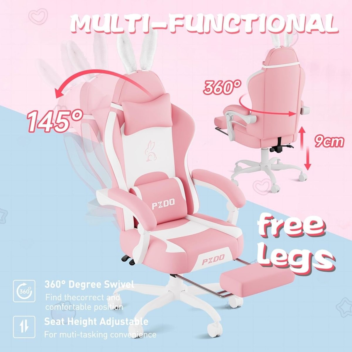 Pink Gaming Chair with Footrest Reclining Ergonomic High Back - Kwikley