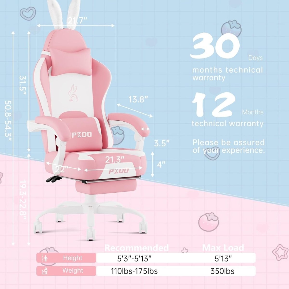 Pink Gaming Chair with Footrest Reclining Ergonomic High Back - Kwikley