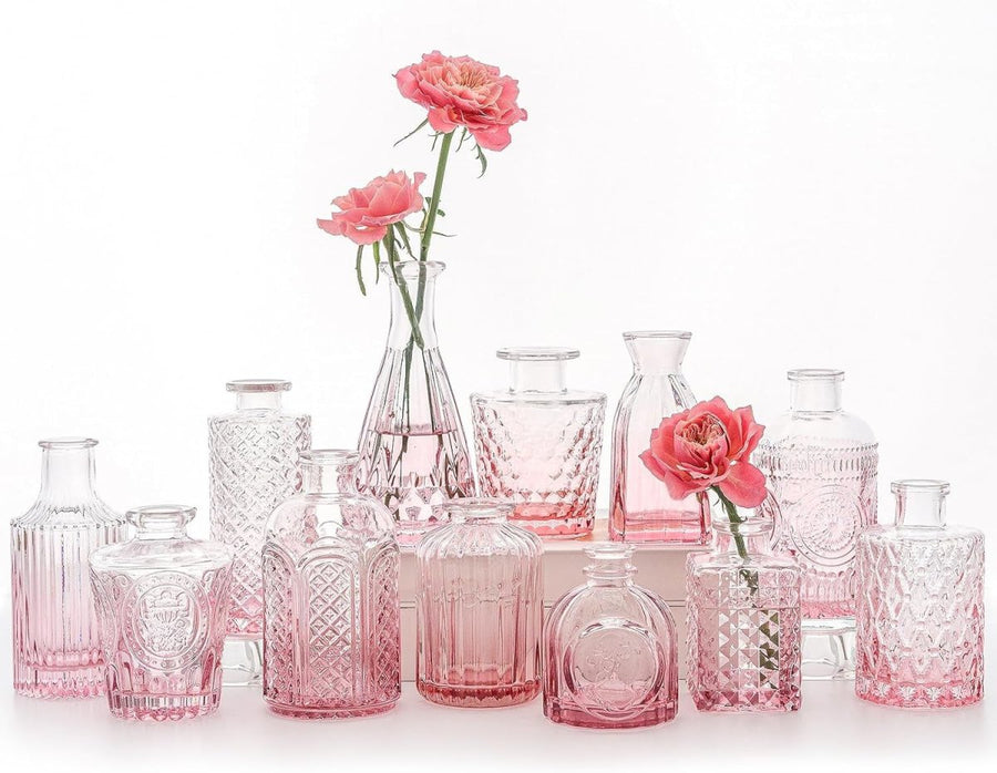 Pink Glass Bud Vases Set 12 Vintage Mini Flower Vases Wedding Decor - Kwikley