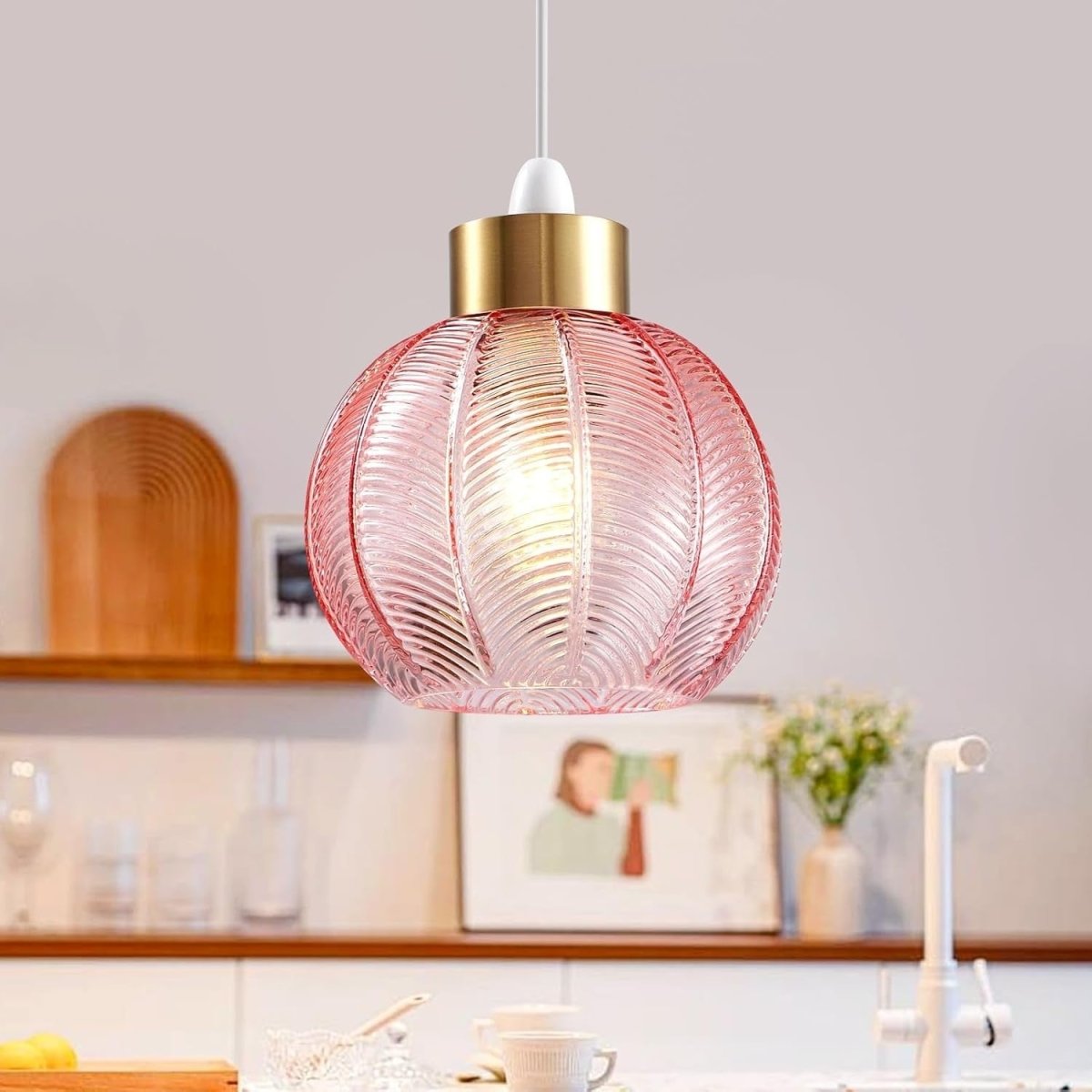 Pink Glass Easy Fit Ceiling Lamp Shade Leaf Pattern 21cm Modern - Kwikley