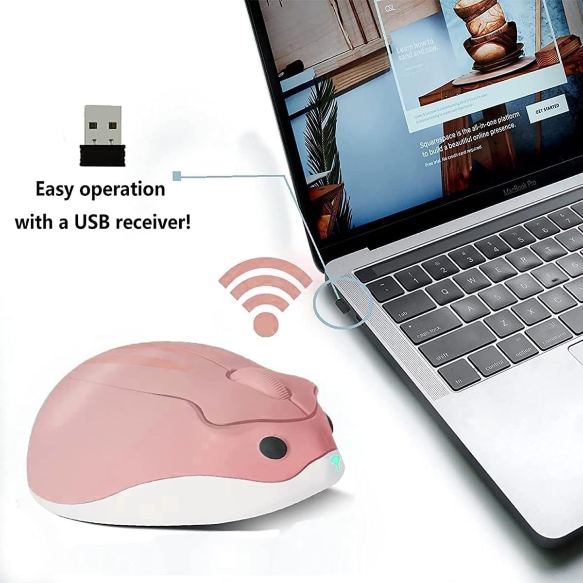 Pink Hamster Wireless Mouse Silent 1200DPI Cute USB Laptop PC - Kwikley