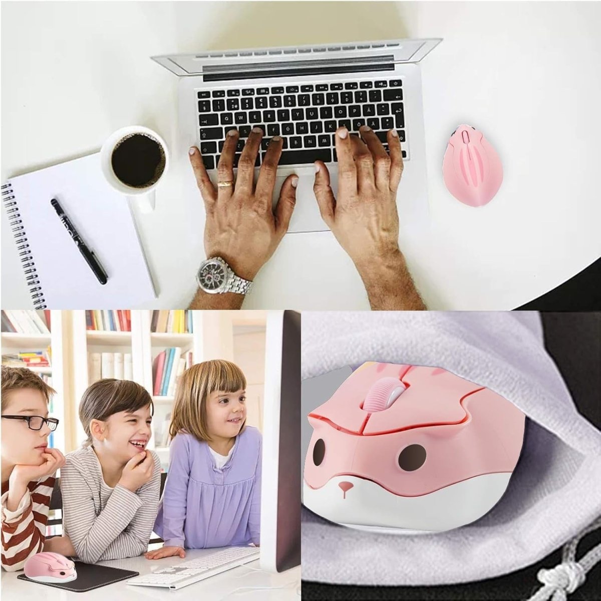 Pink Hamster Wireless Mouse Silent 1200DPI Cute USB Laptop PC - Kwikley