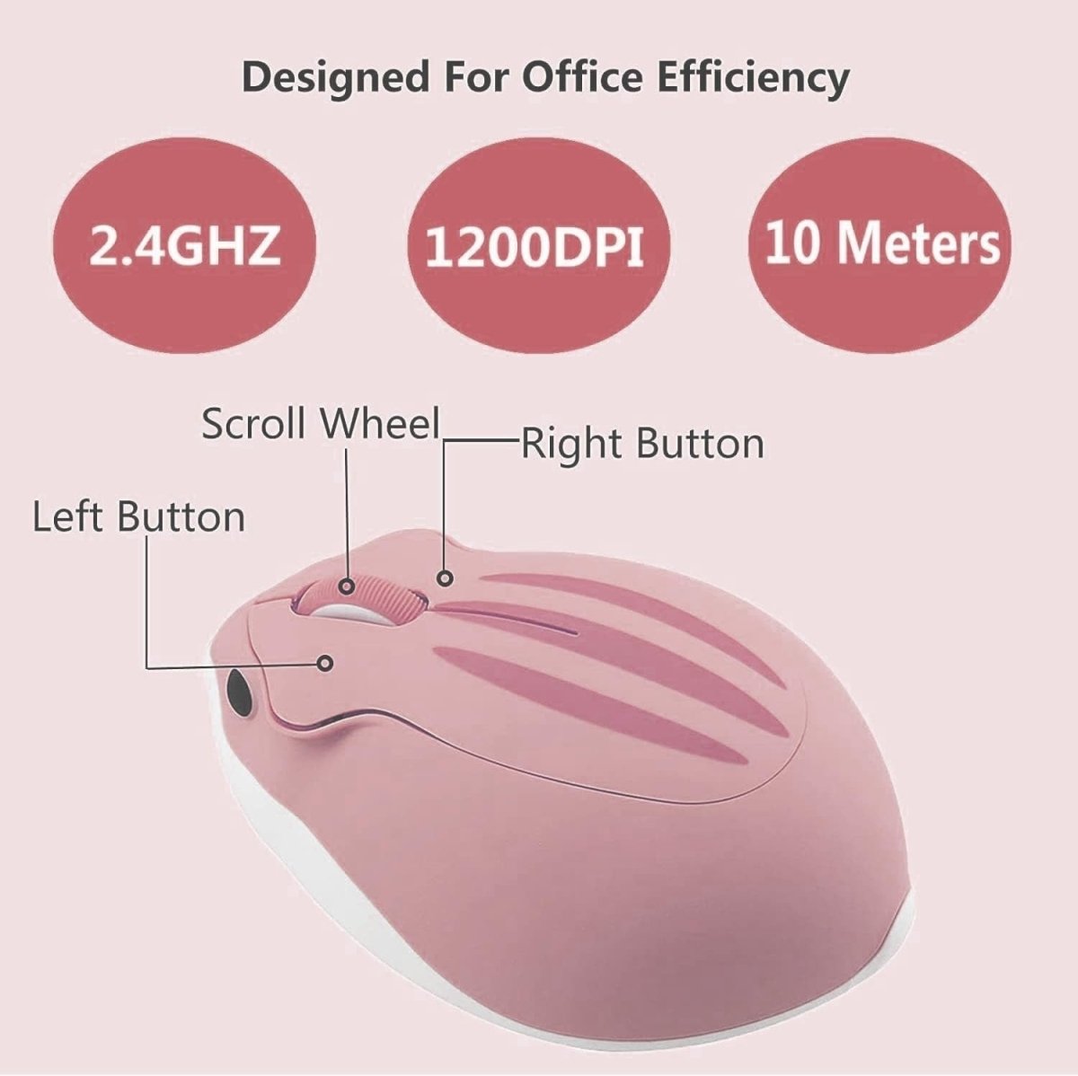 Pink Hamster Wireless Mouse Silent 1200DPI Cute USB Laptop PC - Kwikley