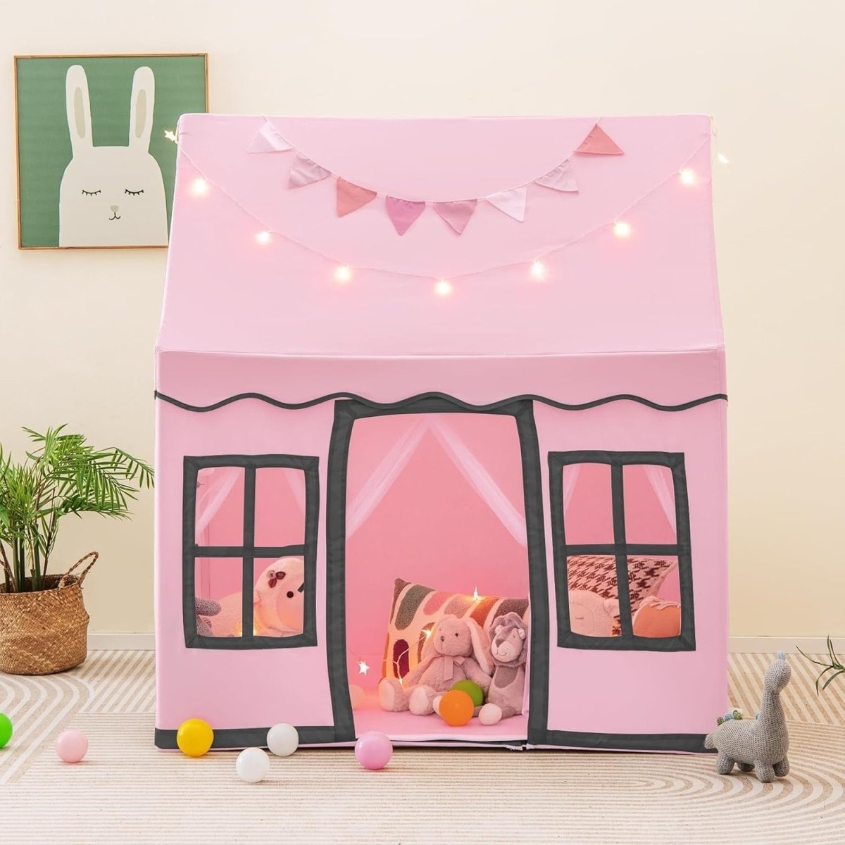 Pink Kids Indoor Castle Play Tent With Lights & Washable Mat - Kwikley