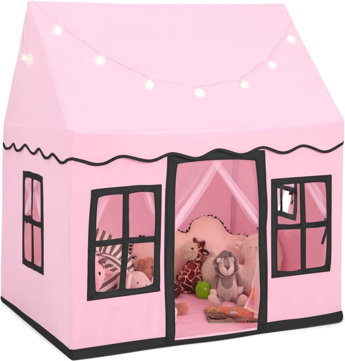 Pink Kids Indoor Castle Play Tent With Lights & Washable Mat - Kwikley