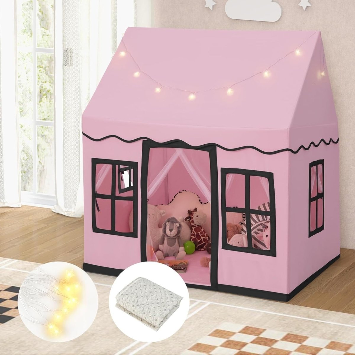 Pink Kids Indoor Castle Play Tent With Lights & Washable Mat - Kwikley