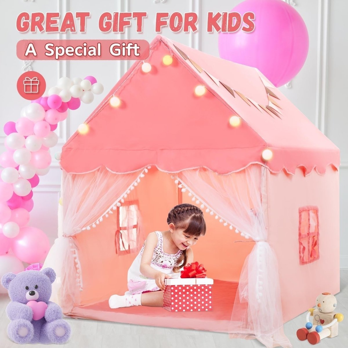 Pink Kids Indoor Play Tent with Star Lights Padded Mat Cozy Hideaway - Kwikley
