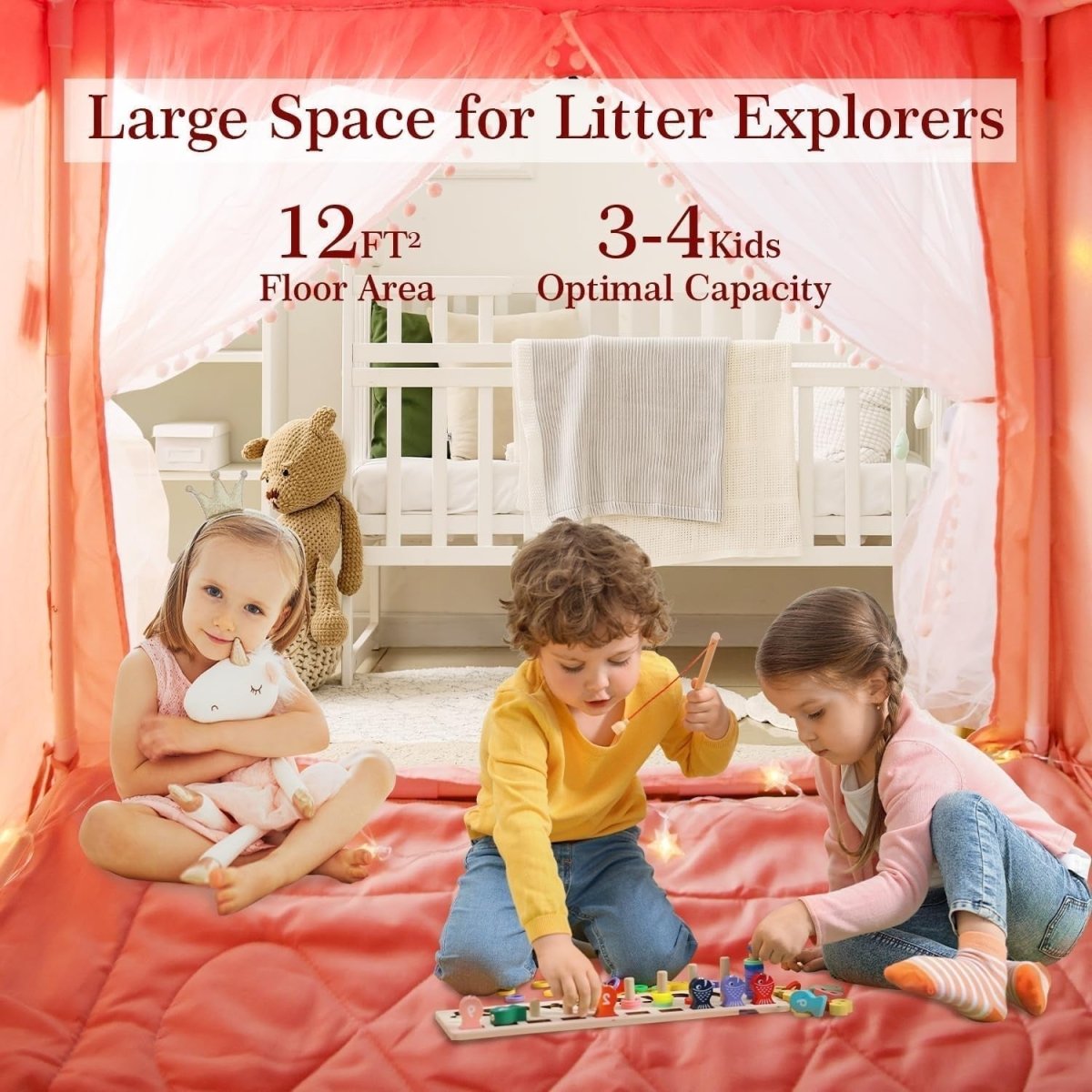 Pink Kids Indoor Play Tent with Star Lights Padded Mat Cozy Hideaway - Kwikley