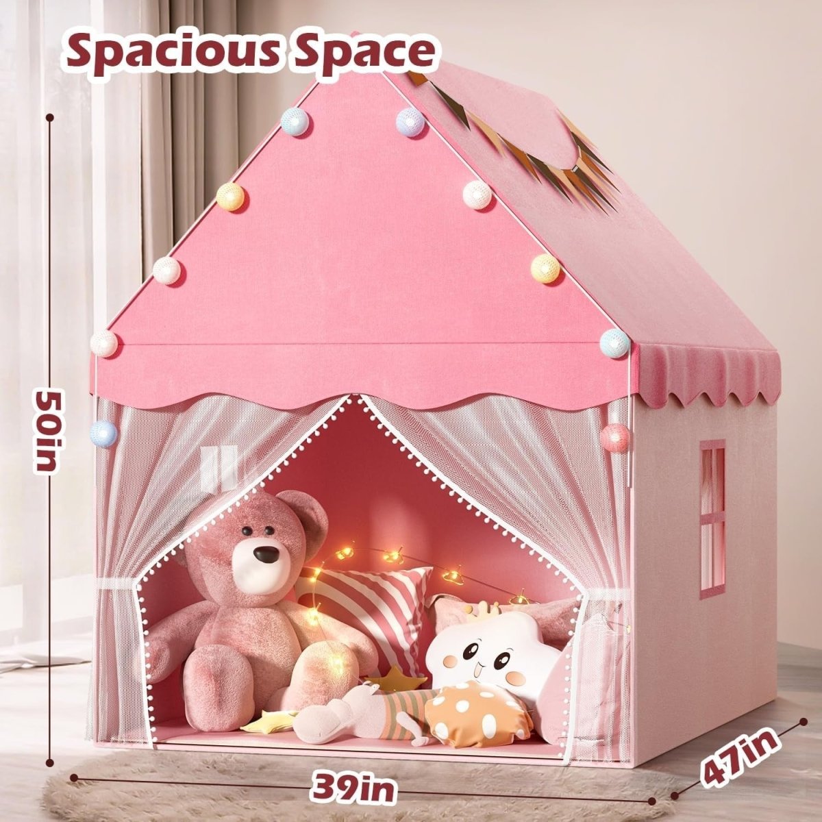 Pink Kids Indoor Play Tent with Star Lights Padded Mat Cozy Hideaway - Kwikley