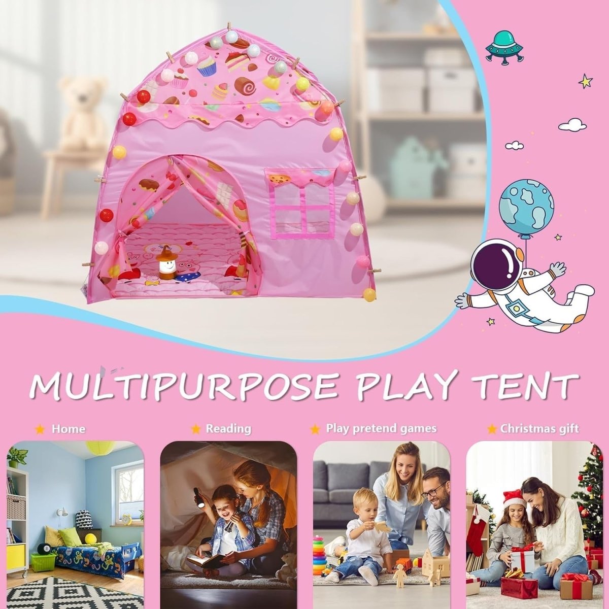 Pink Kids Pop Up Play Tent Dome Castle Indoor Outdoor Easy Setup - Kwikley