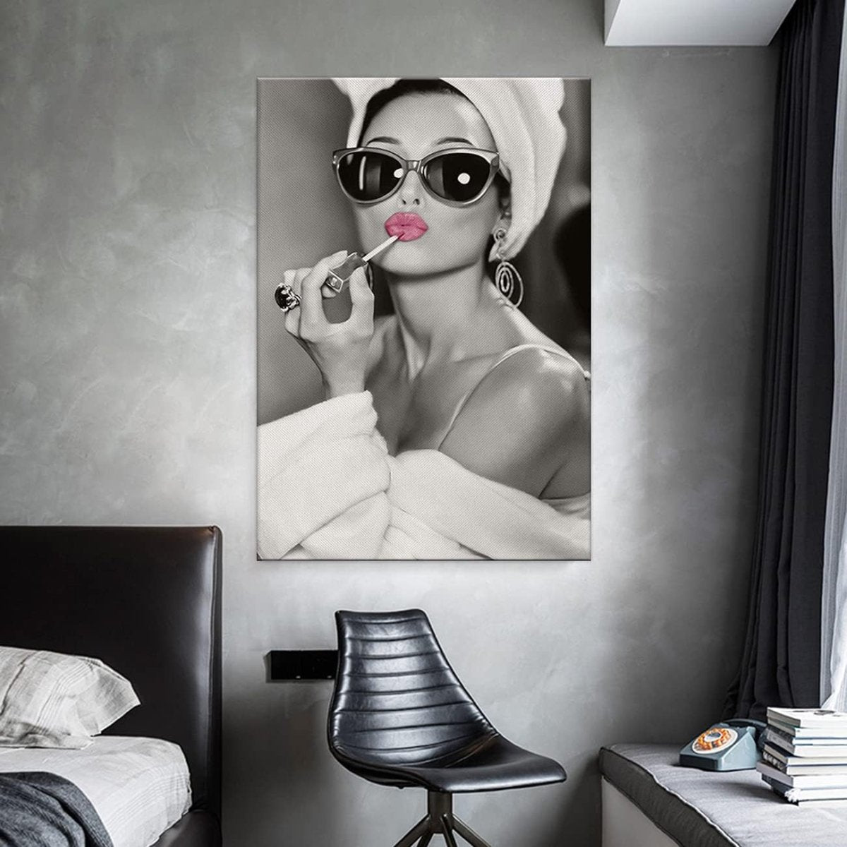 Pink Lips Canvas Wall Art Black White Framed 60x40cm - Kwikley